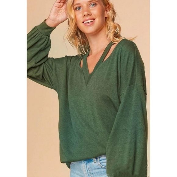 Olive V-Neck Cut Out Cashmere Feel Loose Fit Top - Picture 3 of 7